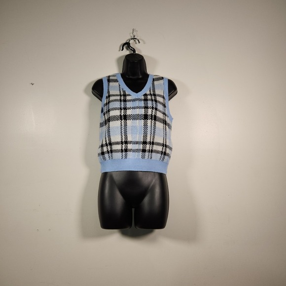 No Boundaries Sweaters - NO BO NO BOUNDARIES Sweater Vest Juniors M White Blue Plaid Preppy Academia Cozy